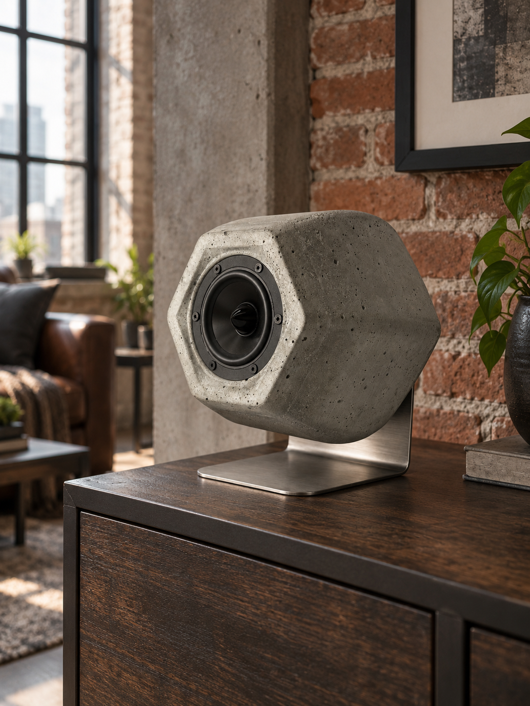 SUONO Ono op RVS standaard in een loft met bakstenen muur