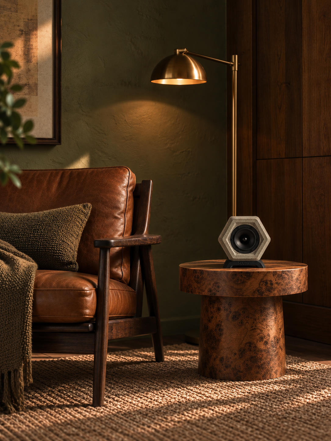 SUONO Ono op een houten bijzettafel naast een leren fauteuil