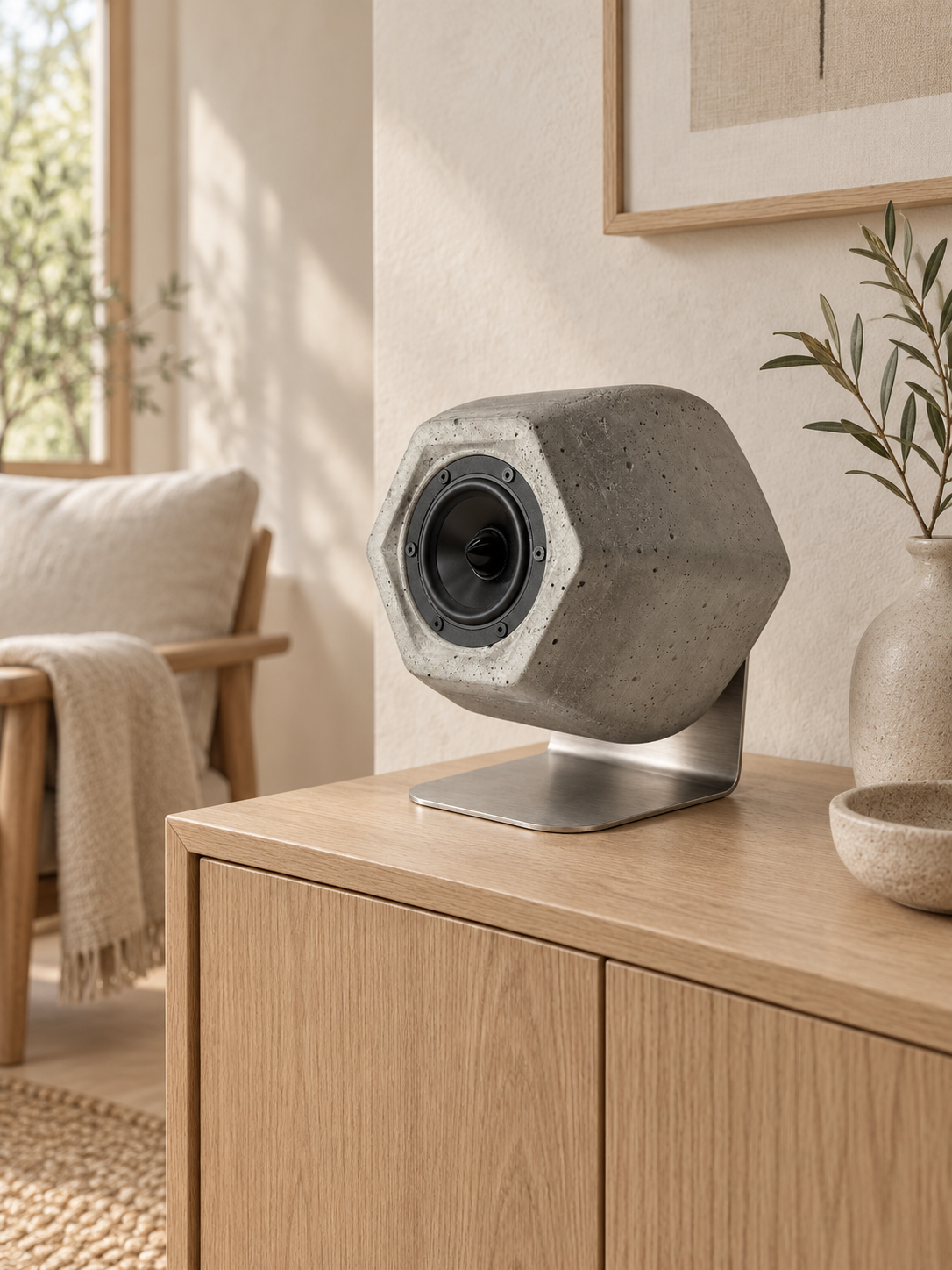 SUONO Ono op een eiken dressoir in een lichte woonkamer