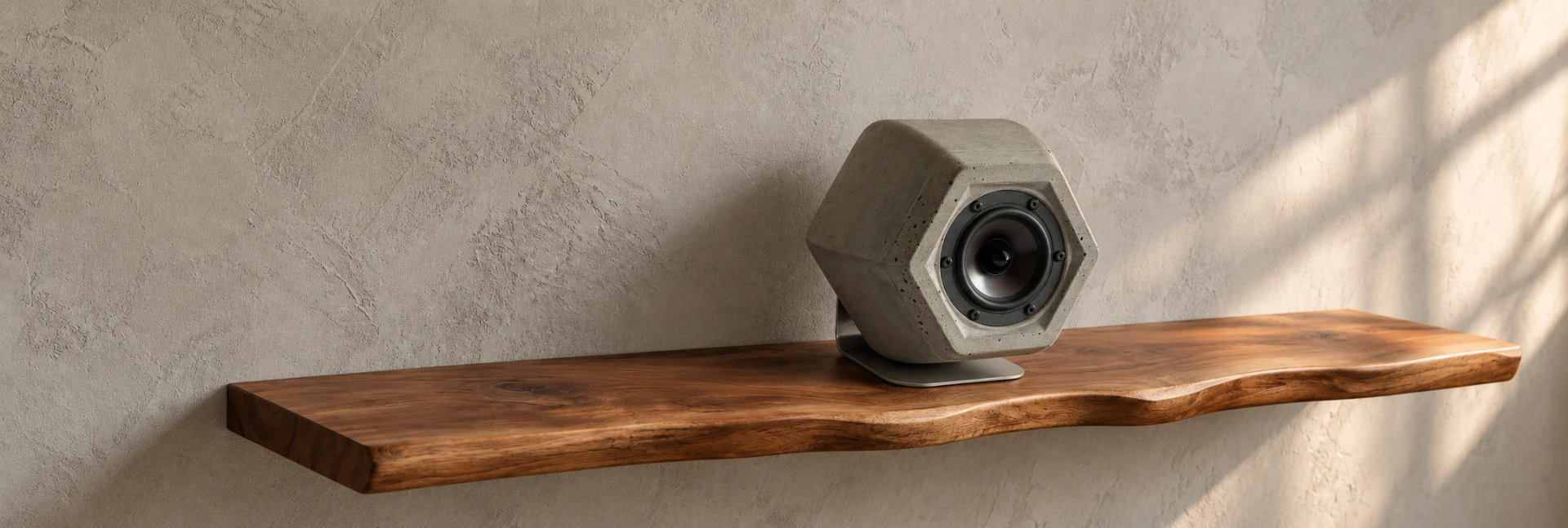 SUONO Ono concrete speaker on a wooden sideboard in a warm interior
