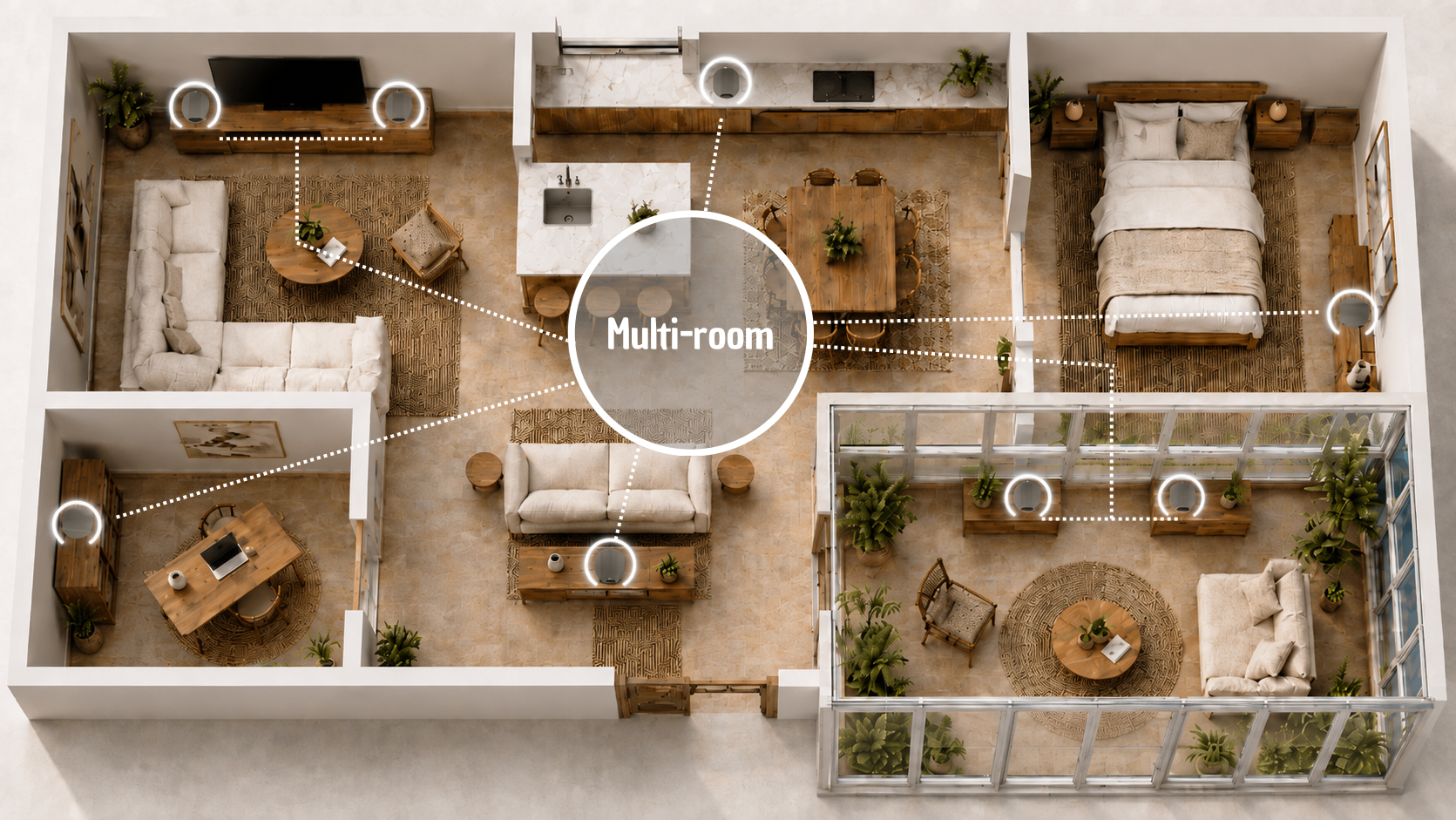 Plattegrond van een huis met SUONO speakers in meerdere kamers